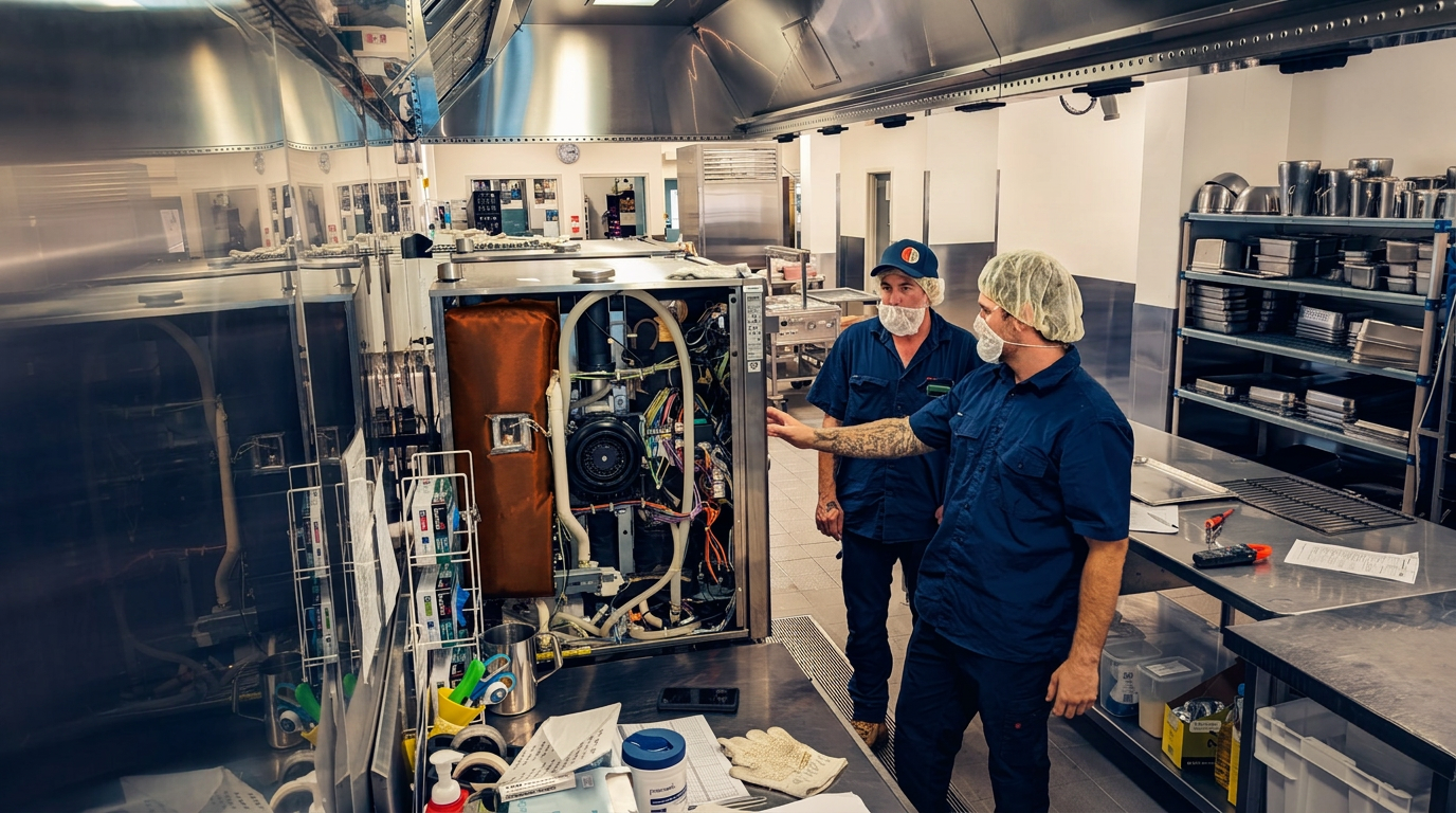CHEFTECH technician performing preventative maintenance on commercial kitchen equipment on the Sunshine Coast