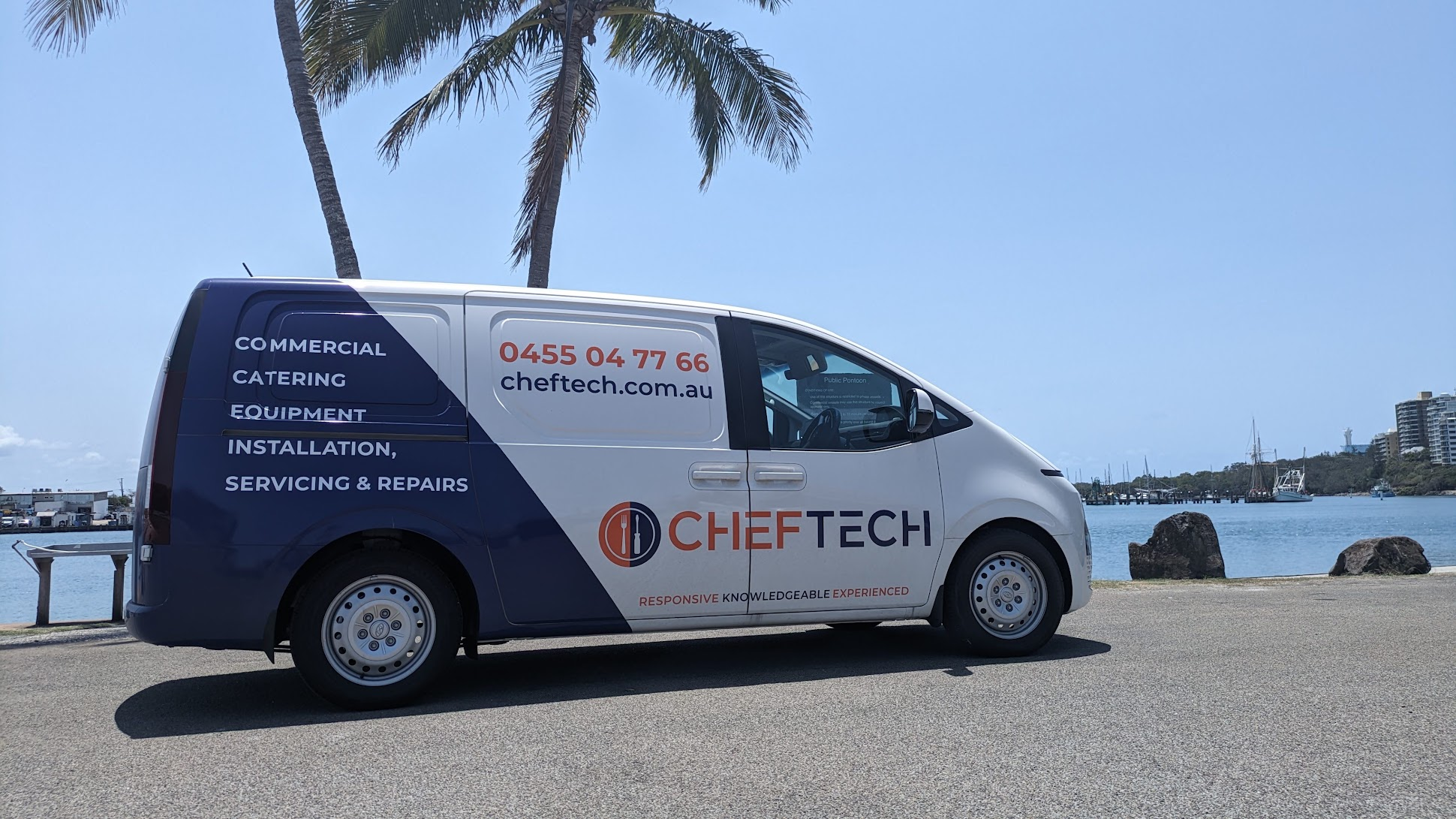 CHEFTECH branded service van parked on the Sunshine Coast waterfront